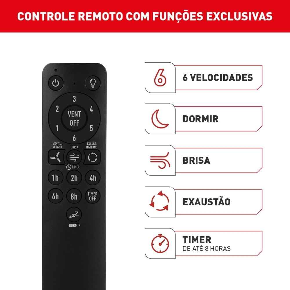 Ventilador de Teto Arno Ultimate Bivolt Branco VX13, 150W, Controle Remoto, 6 Velocidades, 4 Funções e Iluminação para 2 Lâmpadas - Image 4
