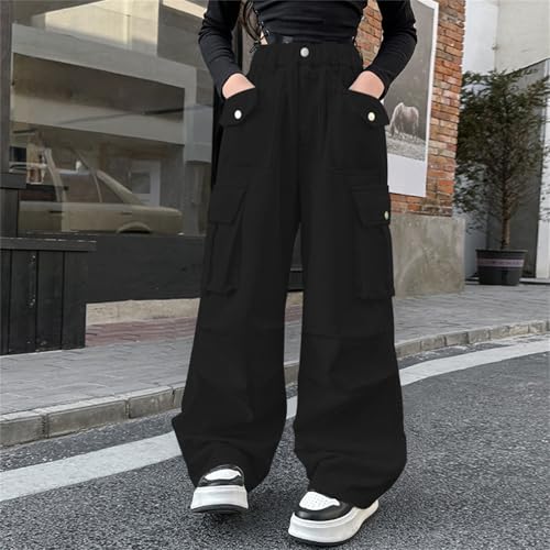 Girls Baggy Cargo Pants Straight Wide Leg Pants Teens High Elastic Waist Loose Fit Solid Color Working Trouser Clothes2