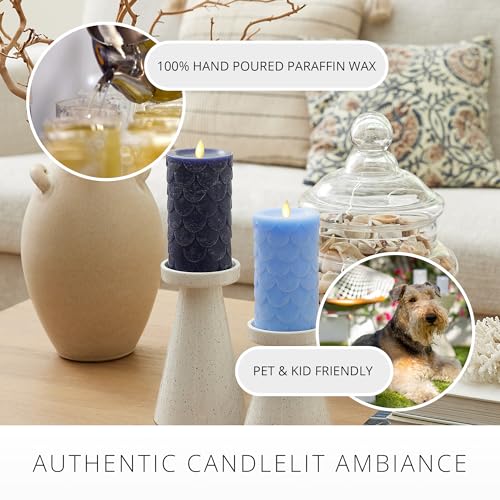 Image of Luminara Embossed Fish Scale Flameless LED Candle, Midnight Blue, 3.25 inch x 6.5 inch, Moving Flame Pillar, Battery Operated with Timer, Indoor
