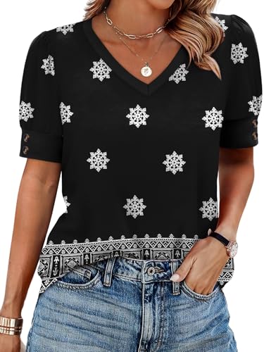 Image of OFEEFAN Womens Tops Short Sleeve Shirts Buttons V Neck Spring Fashion Summer Outfits Plus Size Blouses Dressy Casual