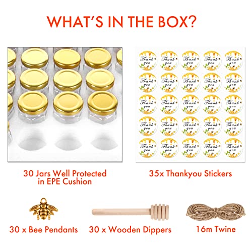 6oz Glass Small Jars with Lids 30Pack, AuroTrends Honey Jars in Bulk for Baby Shower Favors/ Wedding Favors -Small Canning Jars with Wooden Dippers/ Bee Charms/ Stickers/ Jute Twine (6fl.oz-30Pack)