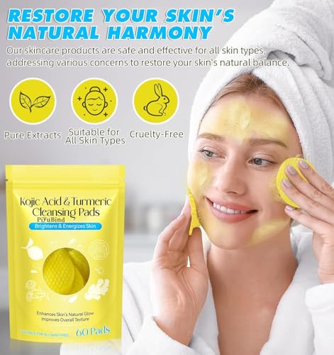Image of Kojic Acid and Turmeric Cleansing Pads - 60 Count, Mild and Non-Irritating, Suitable for All Skin Types, Gentle Exfoliating Facial Pads