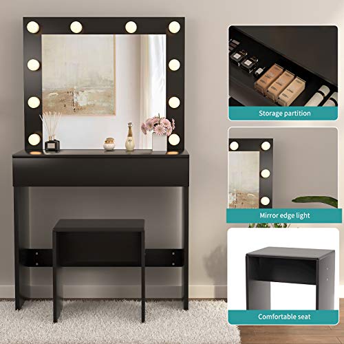 mecor LED Dressing Table Makeup Vanity Table w/10 LED Lights Mirror,Vanity Set with Stool&Drawer,Wood Dressing Table Bedroom Furniture Girls Women Gifts Black - Thumbnail 7