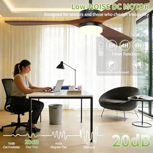 Image of Ceiling Fans with Lights, Solid Wood Blade, 45 W Reversible DC Motor <20 dB Ultra-Quiet for Home Living, 3 CCT, 6 Speeds, 6200 CFM, 52 Inch Suitable for Indoor and Outdoor
