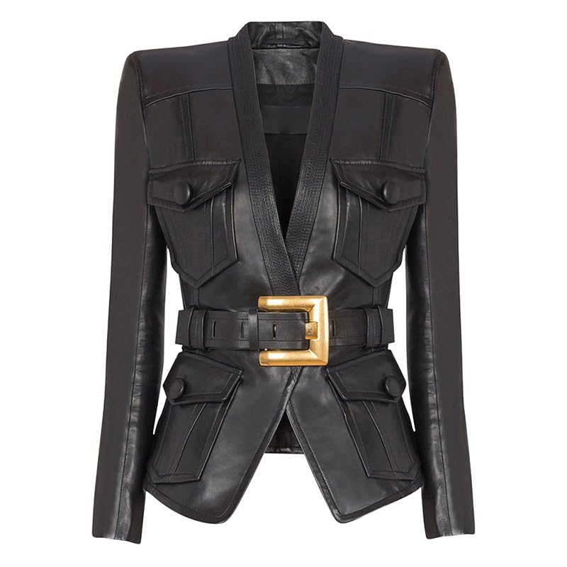 Womens Designer Faux Leather Blazer with Gold Buckle Waist Belt Long Sleeves Elegant Chic V-Neck Jacket Coat