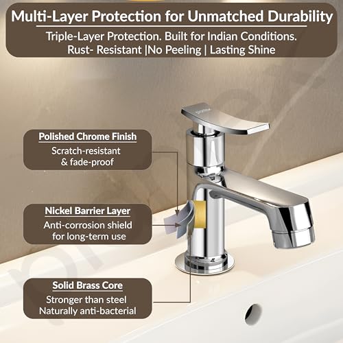 Image of Plantex Pillar Cock Water Tap /Pure Brass Pillar Cock for Wash Basin with Teflon Tape /Single Lever Tabletop Basin Tap - (Star, Chrome)