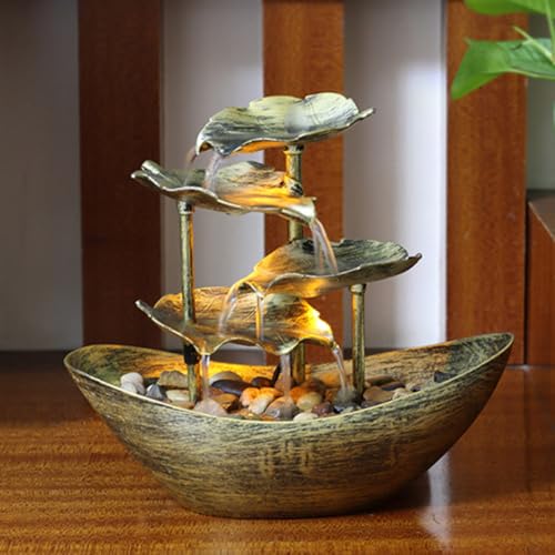 Fontaine d'eau decorative lotus dore de bureau avec cascade interieur et lumiere LED