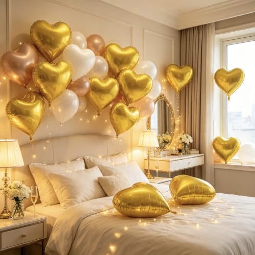 Image of 36 Pcs Gold Heart Balloons,18 Inch Heart Foil Balloons Valentine Balloon for Wedding Engagement Party Valentine Day Decorations