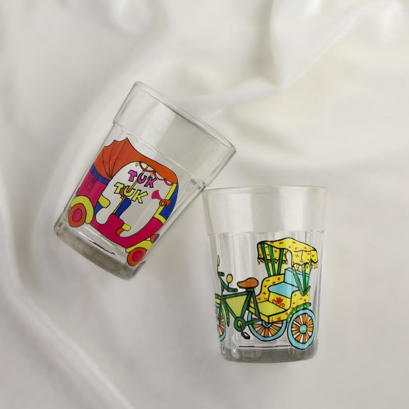 TOPSYTURVY Hand Crafted & Hand Designed Tapri Tea and Coffee Style Glass (Set of 2, 90ml Each) | Colourful Tuk Tuk & Cycle Rickshaw Designs | Kulhad Cups | Cutting Chai Glasses Set 1