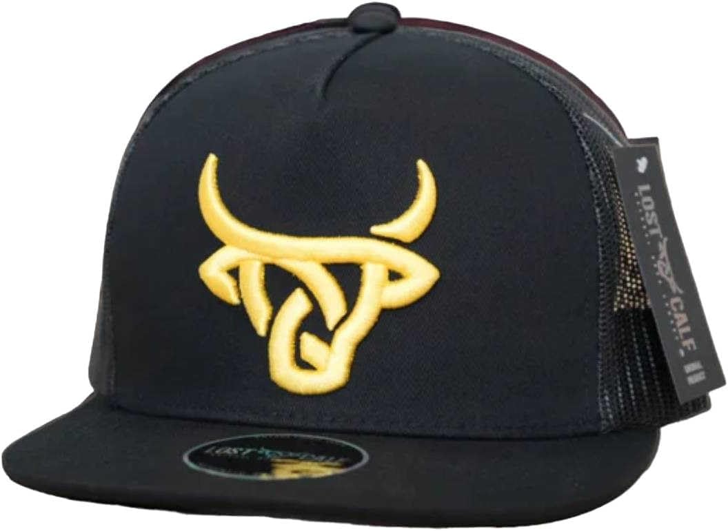LOST CALF Dominic Flat Bill Trucker Hat – Black Mesh Back Snapback Patch Cap, Adjustable Unisex Western Style Hat.