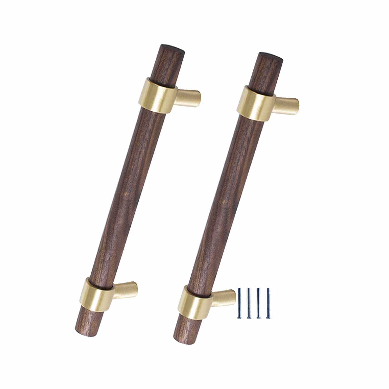 Poignée meuble bois massif noyer et laiton 128mm pour bouton tiroir et placard