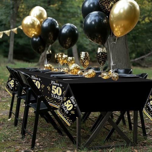 Image of Ganeen 3 Pack 50th Birthday Tablecloth, Black and Gold 50th Birthday Decorations Disposable Plastic Cheers to 50 Years Table Cover Rectangular Party Supplies for Men Women, 54 x 108 Inch