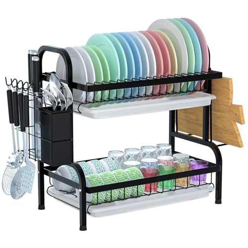 Astoryou Égouttoir à Vaisselle, Égouttoir à Vaisselle à 2 Niveaux en Acier Inoxydable avec égouttoir, Porte-ustensiles, Support pour Planche à découper, Grand égouttoir à Vaisselle antirouille, Noir