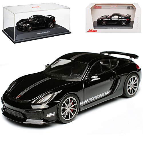 Porsche Cayman 981c GT4 Coupe Schwarz mit Silbernen Streifen 2013-2016 1/43 Schuco Modell Auto Cover