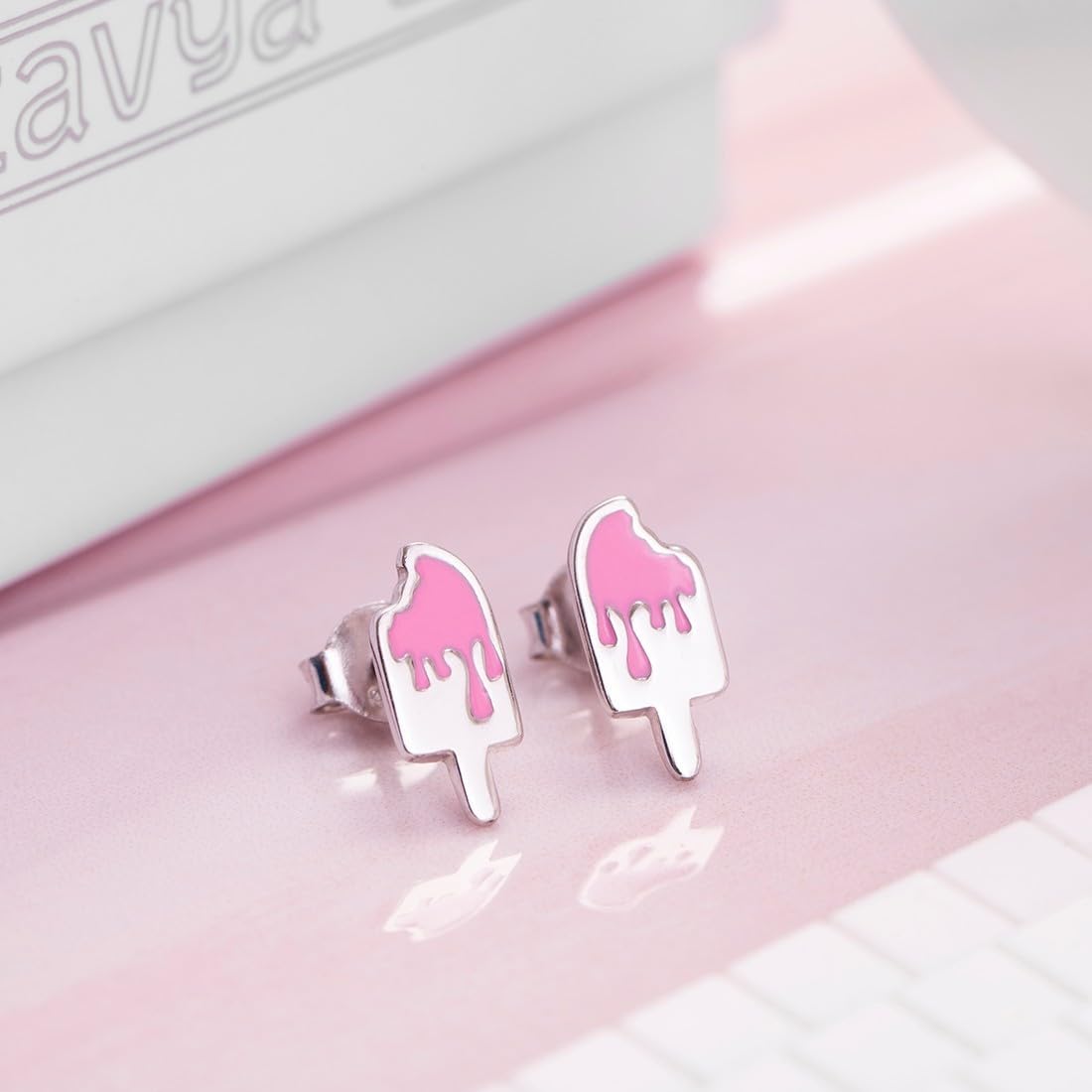 Women's 925 Sterling Silver Ice Cream Pink Rhodium Plated Stud Earrings