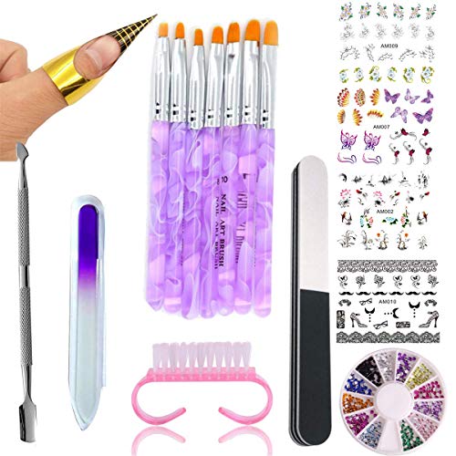 7PC Acrylic Nail Art Tips Builder Painting Brushes Pen Set,1PC Nail File Cuticle Pusher Buffer Block Brush,100Pcs Nail Extension Forms,1 Box Nail Decorations Charms 4 Sheets Nail Stickers (AB003A)