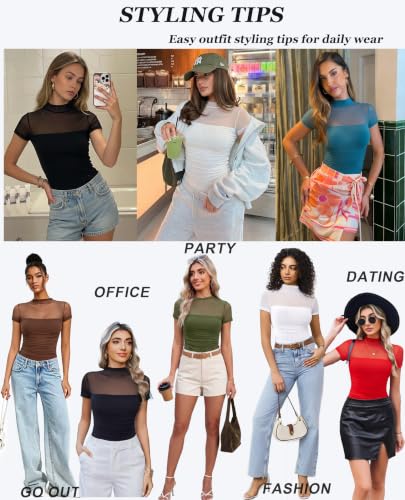 Image of Avidlove Women's Short Sleeve Bodysuit Turtle Neck Body Suits Mesh One Piece Leotard Going Out Tops Date Outfits