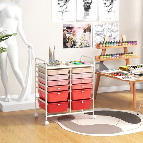Image of LDAILY 12 Drawer Rolling Storage Cart, Craft Cart Organizer on Wheels w /Metal Frame, Large Capacity & Smooth Drawer, Rolling Cart w /Drawers for Classroom, Office