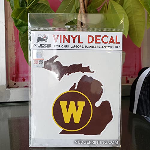 Image of Western Michigan University WMU Broncos Block W Circle Over State of Michigan Brown and Gold Weatherproof Vinyl Sticker Car Decal from Nudge Printing