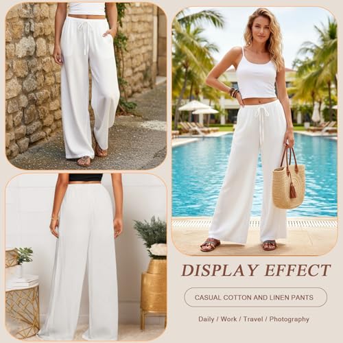 Neteson Leichte Hosen Damen Sommer Lang Leinenhose Damen Weite Leg Elegant Freizeithose Palazzo Hose Lockere Stoffhose mit Tunnelzug und Taschen
