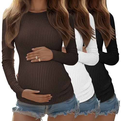 Riyiper Confezione da 3 Magliette Premaman da Donna, Maniche Lunghe, in Maglia a Coste, Tuniche in Cotone, Top Autunnali(Marrone, Bianco, Nero,XXL)