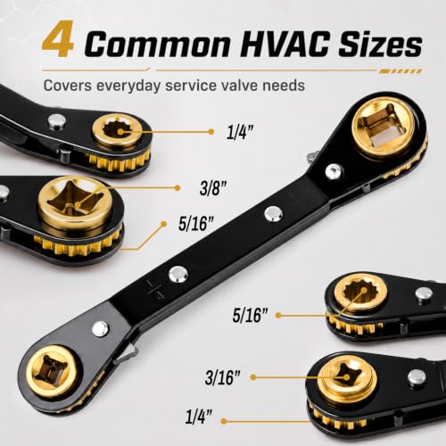 Image of HVAC Service Wrench,3 /16 inch-3 /8 inch 5 /16 inch x 1 /4 inchValve Wrench with Hex Adapters | HVAC Tools, Dual Head Ratchet Design, 4 Size Valve Wrench, Hex Bit Adapter Kit, AC Refrigeration Repair 2 Sets