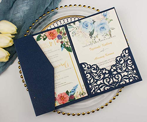 25 sets 5X7 250GSM Pearl Navy Blue Tri Fold Wedding Invitations Cards With Envelopes Inserts for Wedding Bridal Shower Birthday - Thumbnail 2