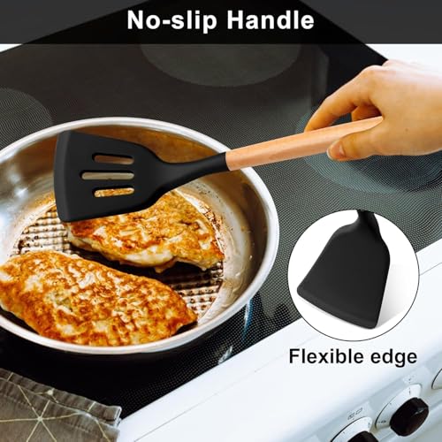 Image of Silicone Spatula Set, Spatula Set with Wooden Handle for Cooking and Mixing, for Non Stick Pan, Kitchen Tools Set of (3, Black)