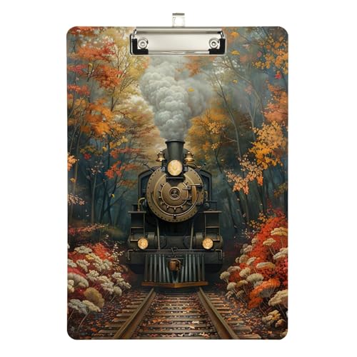 秋の森の列車プラスチッククリップボード、両面プリントクリップボード、メタルクリップ付き12.5インチ x 9インチ。