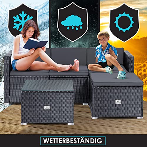 KESSER® Polyrattan Lounge Aruba - Gartenlounge für 3-4 Personen Gartenmöbel-Set Sitzgruppe aus 3er Gartensofa, Sessel, Hocker und Beistelltisch mit Sitzkissen - Garten, Terrasse, Balkon, Anthrazit