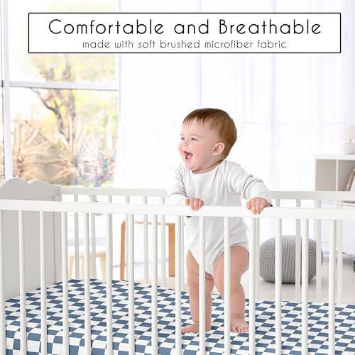 Image of Sweet Jojo Designs Fitted Baby Crib Sheets (Blue and White Gingham Checkered) for Boys, Infant Nursery, Toddler Room - Standard Size (Neutral, Plaid, Vintage, Modern, Check, Geometric, Retro, Slate)