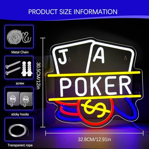 Image of Poker Neon Sign Dimmable Casino LED Wall Light for Man Cave | Playing Cards LED Neon Light for Poker Room, Game Room, Bar, Bedroom, Casino Party Decor, Gift for Poker Lovers, USB Powered