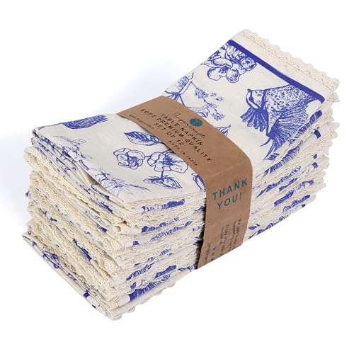 Fingercraft 12 Dinner Cloth Napkins Cotton Blend Blue Bird Print Premium Quality Mitered Corners With Elegant Natural Lace For Every Day Use Napkins Are Pre Shrunk And Good Absorbency Toile Lace cover