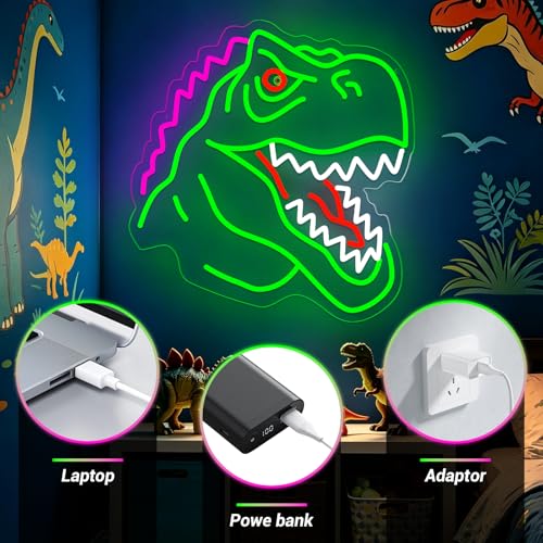 Image of Dinosaur Neon Sign Lights for Wall Decor, T-REX LED Sign for Room and Man Cave Decor, Dimmable Powered LED Signs for Bedroom, Man Cave Party, Birthday Christmas Gift (T-REX Green)
