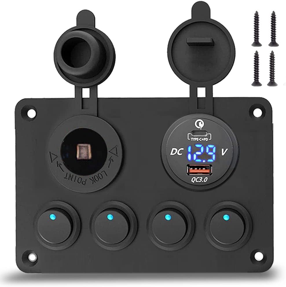 Thlevel Panneau de Commutation à Bascule étanche 6 Gangs Affichage Tension Numérique 12V-24V Double Prise Chargeur USB