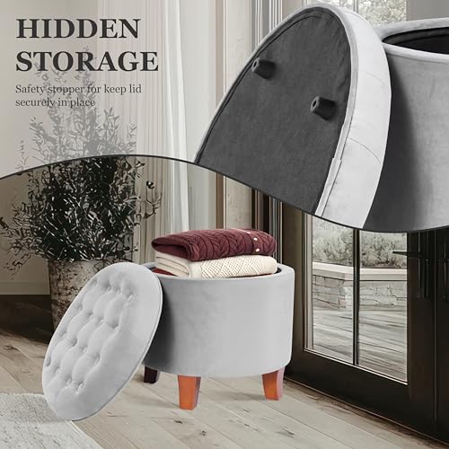 Homepop Home Decor | Upholstered Round Velvet Tufted Foot Rest Ottoman | Ottoman with Storage for Living Room & Bedroom | Decorative Home Furniture, Gray Small - Image 6