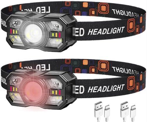 ALFFREUDE Stirnlampe Led Wiederaufladbar 2 Stück 2000 Lumens Superhell Kopflampe mit 5 Modi Headlamp Wasserdichte Sensor Stirnlampe Stirnlampe Joggen Camping Radfahren Angeln – Bild 3