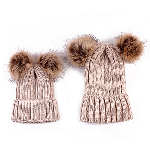 oenbopo Parent-Child Hat, Women Baby Winter Warm Hat Kid Warm Winter Knit Winter Warmer Wool Beanie Fur Pom Bobble Hat Crochet Cap Khaki