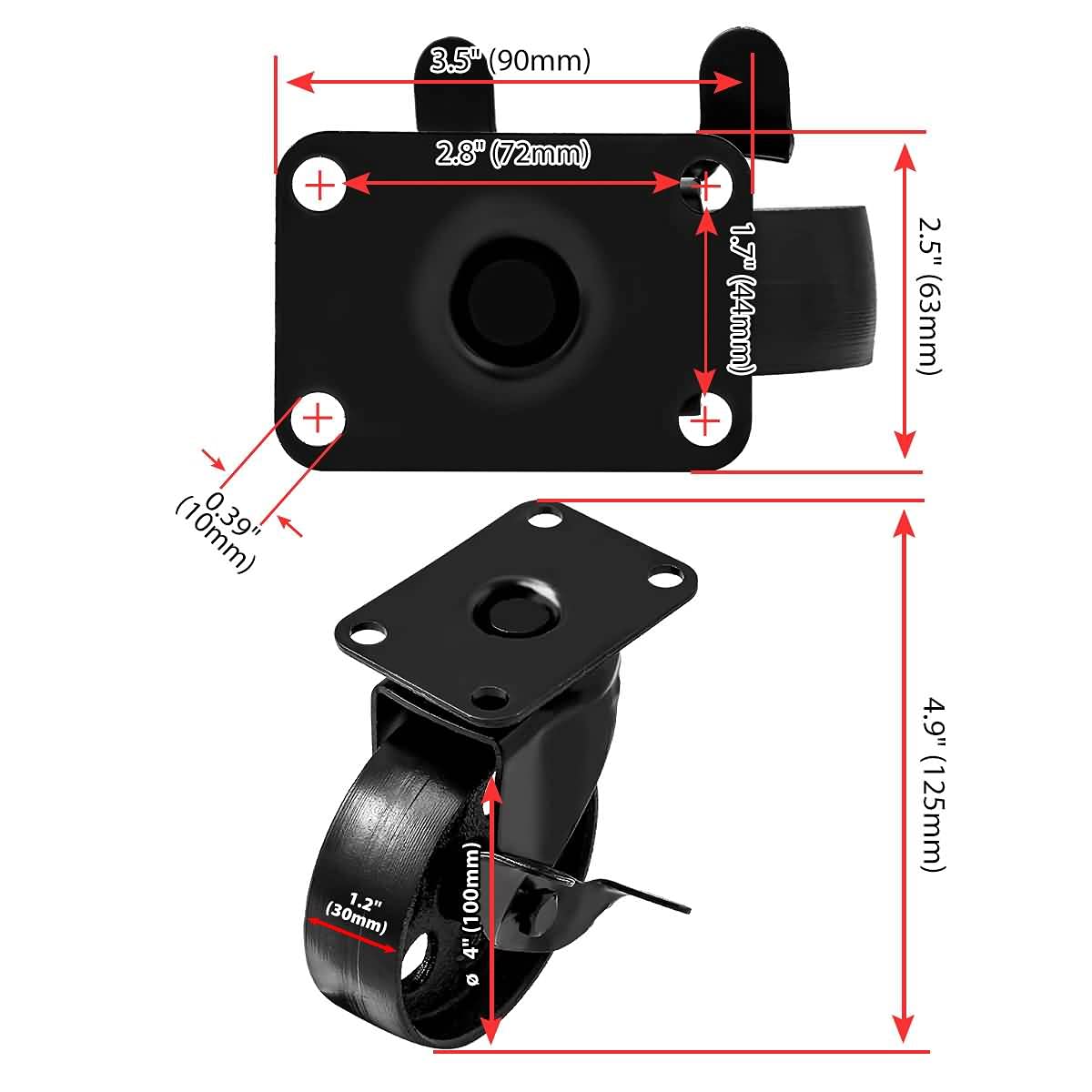 FactorDuty 4 Ruedas Giratorias con Placa Giratoria de Metal Negro con Bloqueo de Freno Acero de Alto Calibre para Trabajo Pesado (4" con Freno)