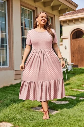 Image of IN'VOLAND Women Plus Size Short Sleeve Dress Loose Plain Casual Summer Flowy Tiered Long Maxi Dresses with Pockets