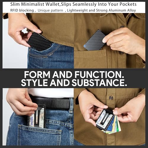 Image of Minimalist Carbon Fiber Wallet for Men, Money Clip Cash Strap Wallet, RFID Blocking Metal Wallet Aluminum Card Holder,Front Pocket Wallet