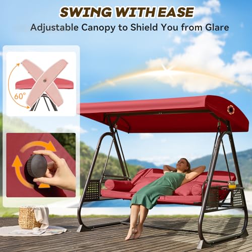 Image of 3 in 1 Outdoor Porch Swing with Adjustable Canopy, 3 Seat Outdoor Swing for Adults, Patio Swing Chair with Thickened Cushions,Pillows & Cup Holders for Backyard, Porch, Garden (Wine Red)