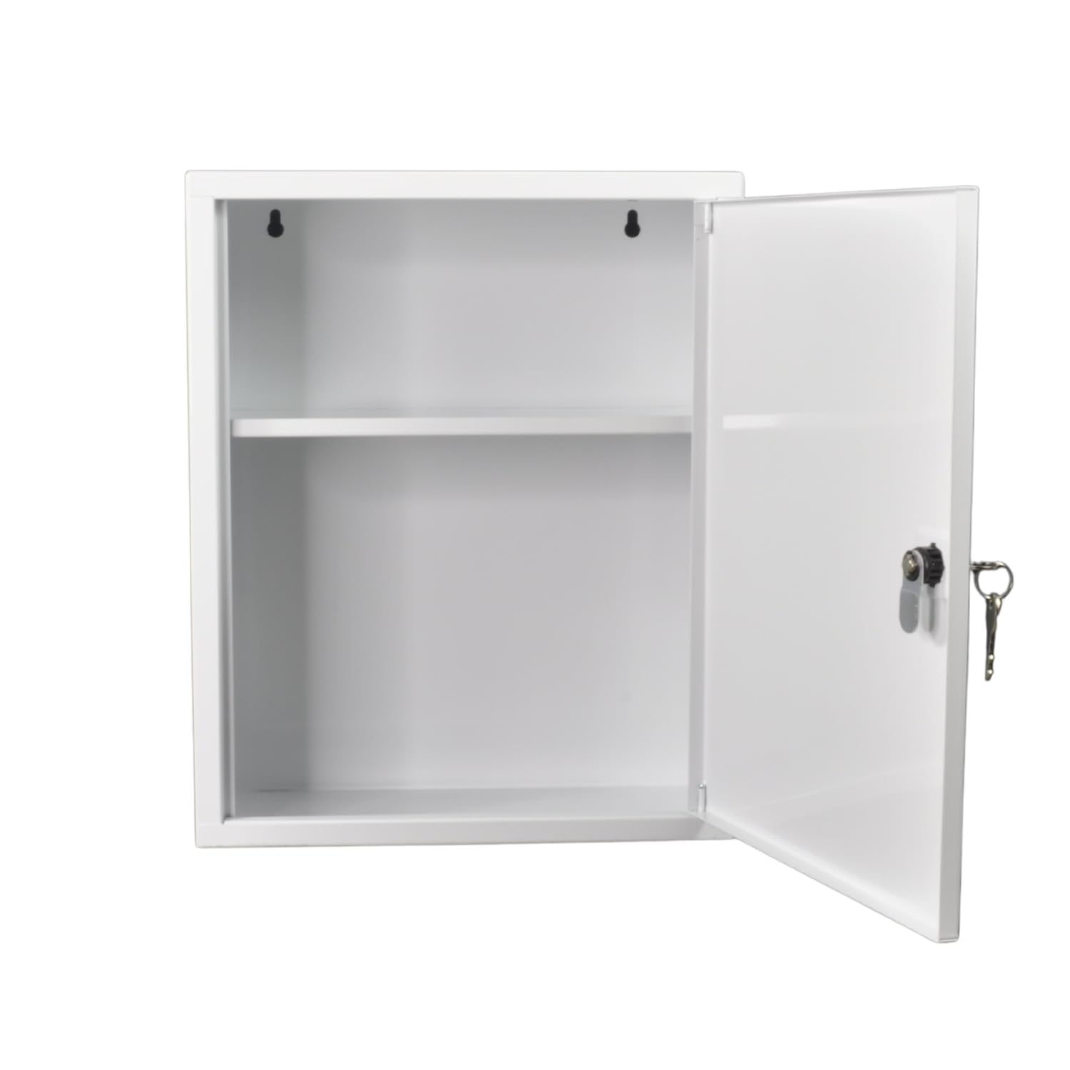 First Aid Products Verbandschrank A – leer (für DIN Füllung geeignet) – Metall, 2 Ablageflächen – Sicherheitsschloss – Weiß – kompakt & wandmontierbar – 37 x 30 x 14 cm