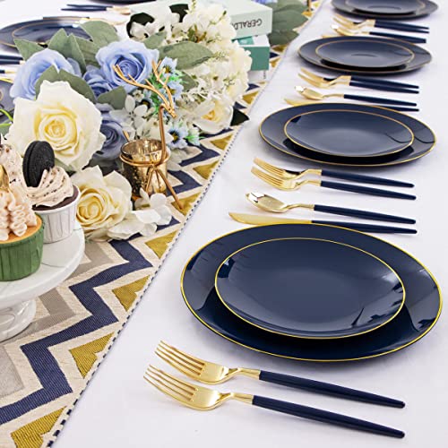 Liacere 150Pcs Blue Plastic Plates - Gold Plastic Silverware With Blue Handle - Navy Disposable Plates Include 30 Guests Plates, Forks, Spoons, Knives For Wedding & Party #TOP5