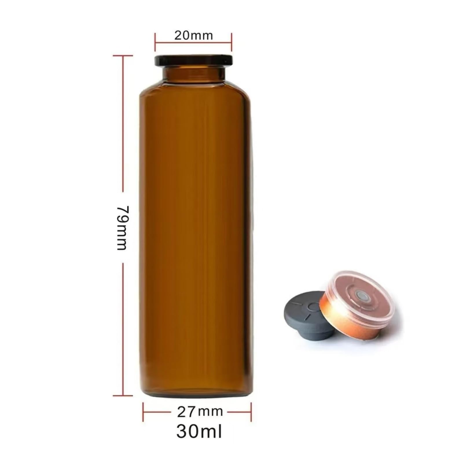 30 szt. Fiolek szklanych z gumowymi korkami i wieczkami z tworzywa sztucznego i aluminium do użytku laboratoryjnego(Brown,30ml)