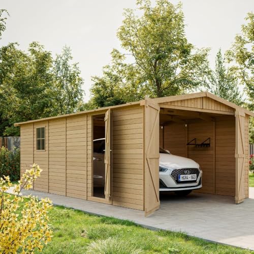 Garaje de Madera Natural - cobertizo en Pino/Abeto - A222x616x324 cm / 18 m² - Construcción Paneles - Taller de jardinería - Almacén de automóviles, cobertizo para Herramientas-TIMBELA M102