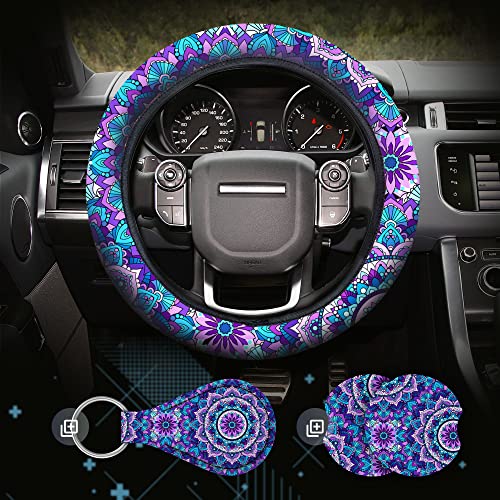 4 Pieces Mandala Purple Lotus Steering Wheel Cover Set with 2pcs Car…