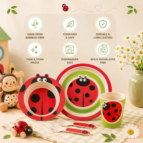Image of Kids /Baby Feeding /Dinner Set of 5 |Kids Crockery Set Tableware |Baby Utensils and Dishes Set | Eco-Friendly |Organic & Natural (Lucky Ladybug)