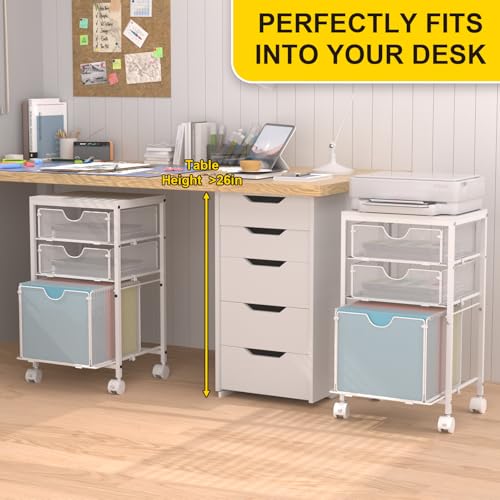 BOHDK Rolling File Cart with 3 Storage Drawers, Wood & Mesh Hanging File Folder Organizer with Wheels Under Desk, File Cabinets for Home Office, 11.81\" D x 14.8\" W x 25.39\" H, White