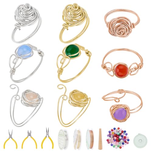 WEBEEDY Wire Wrapping Ring Kit for Crafting 24 Unique Rings, Complete DIY Finger Rings Making Kit with 3-Color Wire, Beads, Pliers Tools for Valentine's Day Anniversary Handmade Jewelry Supplies Gift
